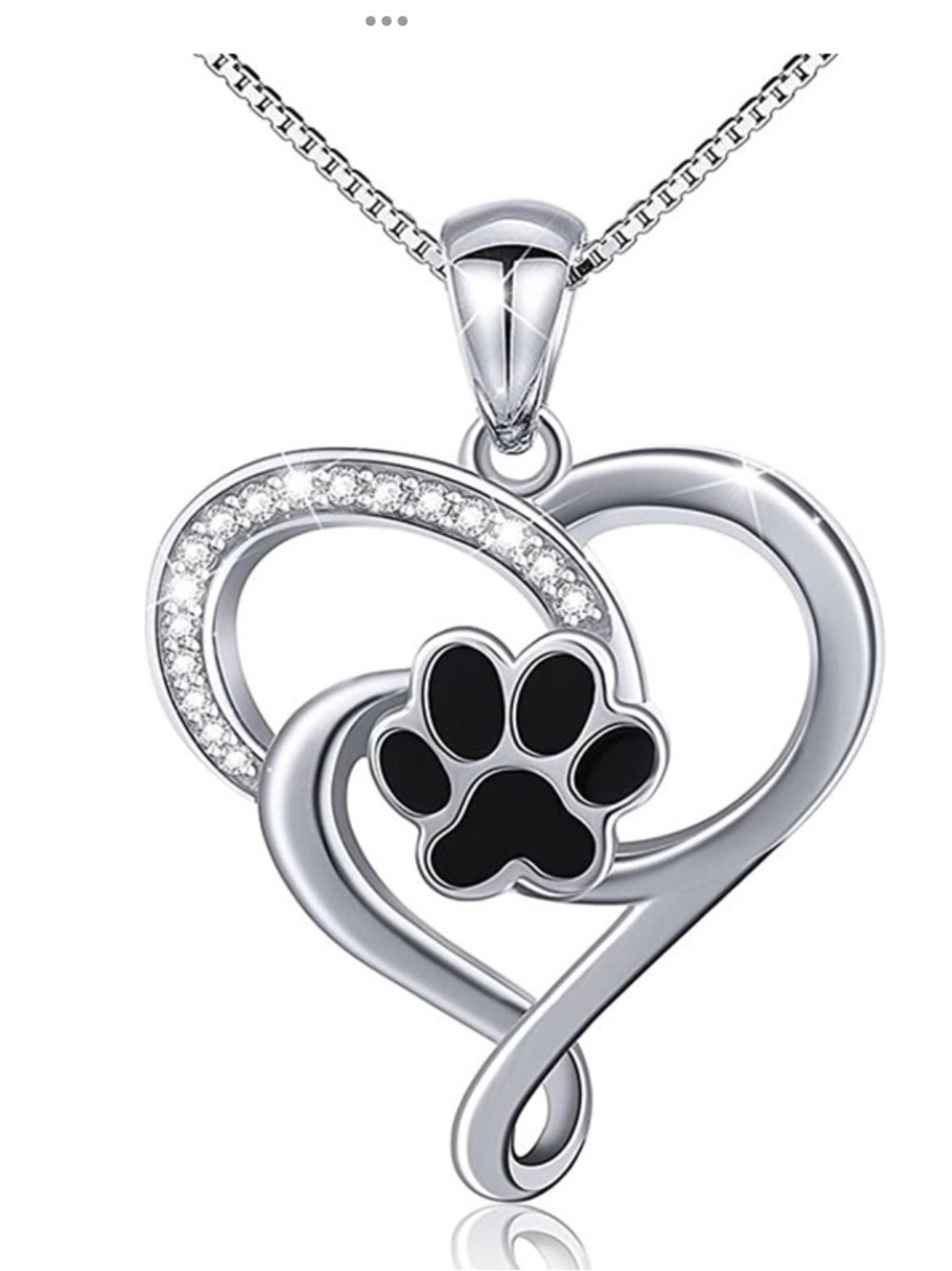 Silver Heart Paw Pendant Necklace with Black Paw